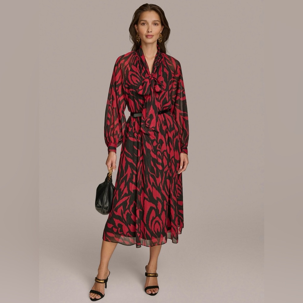 NWT Donna Karan Women's Printed Tie-Neck Lined A-Line Dress. Size 8.